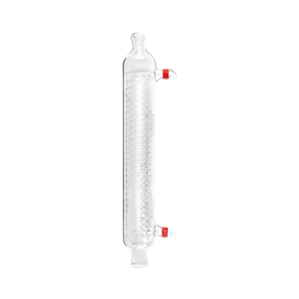 Vertical glass condenser for rotary evaporator with coiled inner tube and side nozzles.