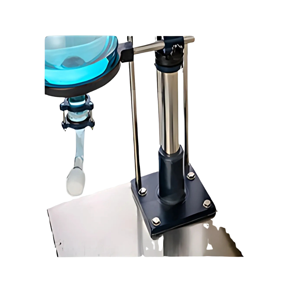Electric lift mechanism of a rotary evaporator with support rods and mounted receiving flask.